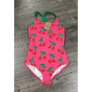 Mini Boden Kids Pink Cherry Print One-Piece Size 11-12 year Swimsuit Girl Pool